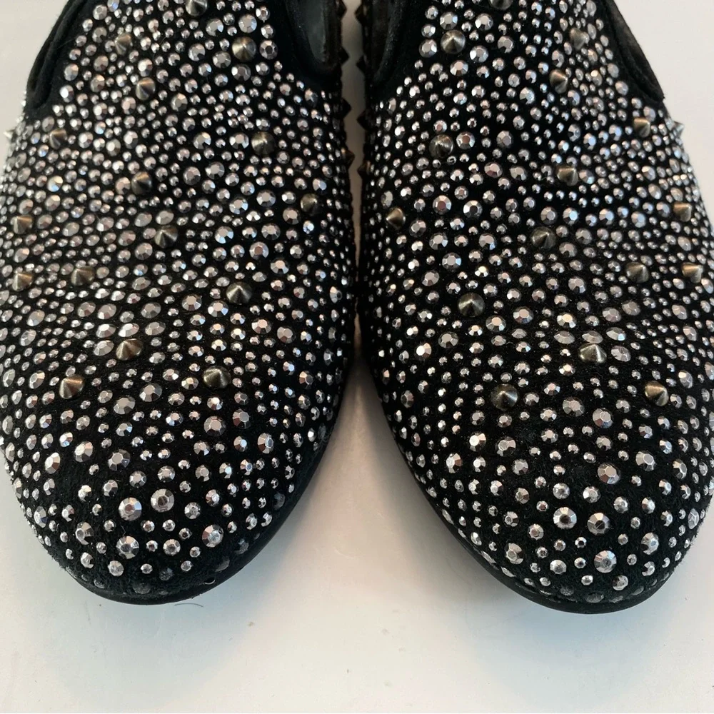 Stuart Weitzman Slipbead Studded Stud Loafer Smoking Slipper Black Silver Sz 8